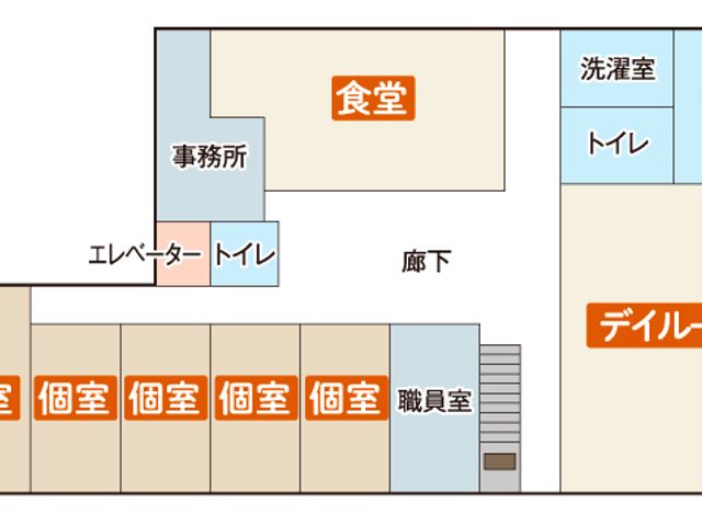 施設全体の間取り図 内観 各部屋の配置が視覚的に分かる設計です。職員室や食堂、ディルームなどが配置されています。