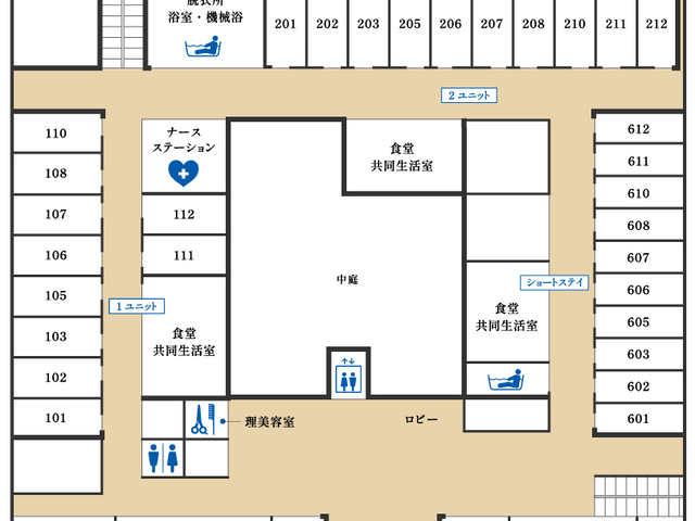 １階フロアマップ 内観 施設の1階は多様な機能があり、中庭を中心に効率よく配されています。