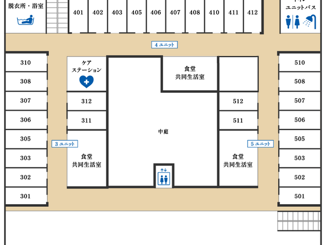 床の配置図です 内観 2階の施設の配置図です。食堂や居室の位置が一目で分かり、施設内の移動に便利です。