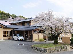 桜並木と建物の外観