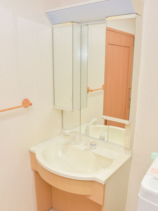 大きな鏡の付いた洗面化粧台は、白とベージュの2色でまとめられたデザインになっている。壁には、タオル掛けも付いている。