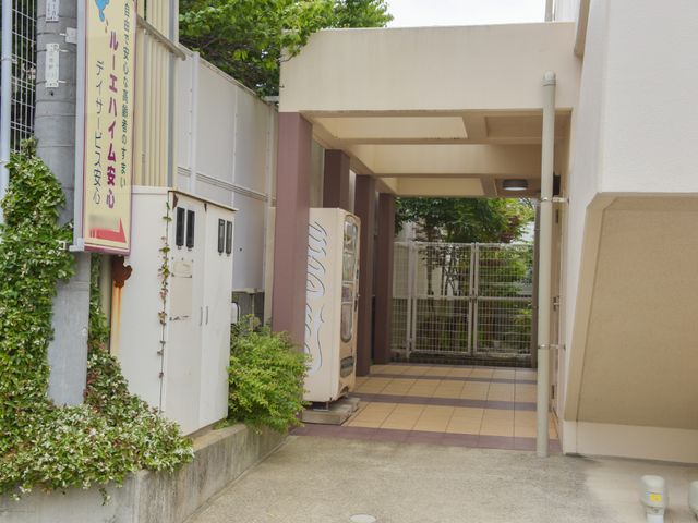 エントランス通路の様子 看板 心地よい雰囲気のエントランスです。植物が彩りを加え、訪れる人々を暖かく迎えています。