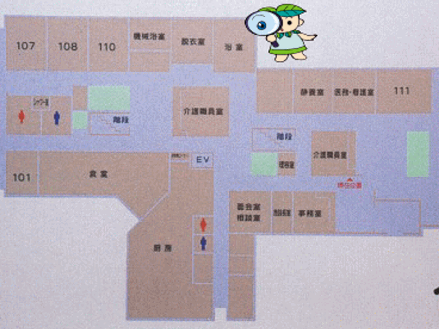 施設の見取り図 内観 館内のレイアウトを分かりやすく示した1階の案内図です。各部屋の場所が確認できます。