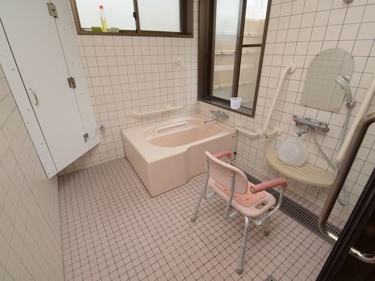 浴室にはピンクのシャワーチェアが置かれており、壁に取り付けられた棚には洗面器が備えられている。奥には手すりの付いた浴槽が設置されている。