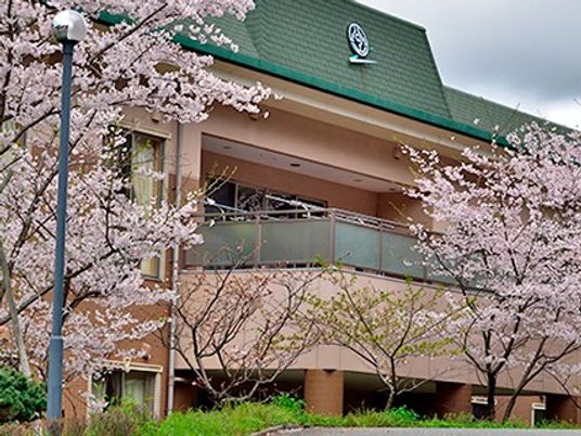 桜に囲まれた建物外観  