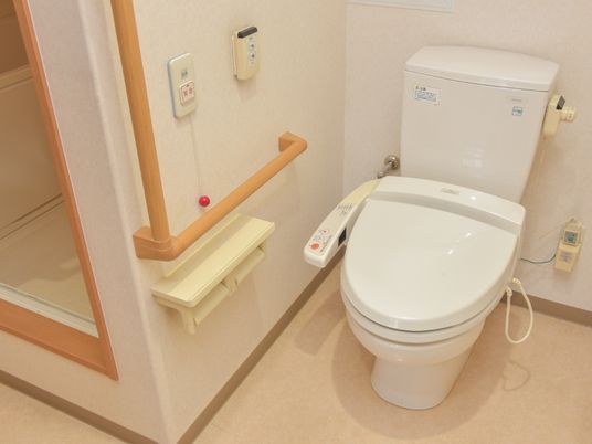 トイレはウォッシュレット付き。画像左側に手すりが設置されている。また、緊急時用の呼び出し鈴も備え付けられている。