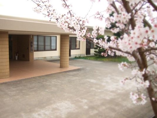 桜が見える玄関前  