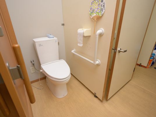 施設の写真 車椅子でも余裕を持って入れる広いトイレがある。壁にはL字型の手すりが設置されている他、うちわも掛けられている。