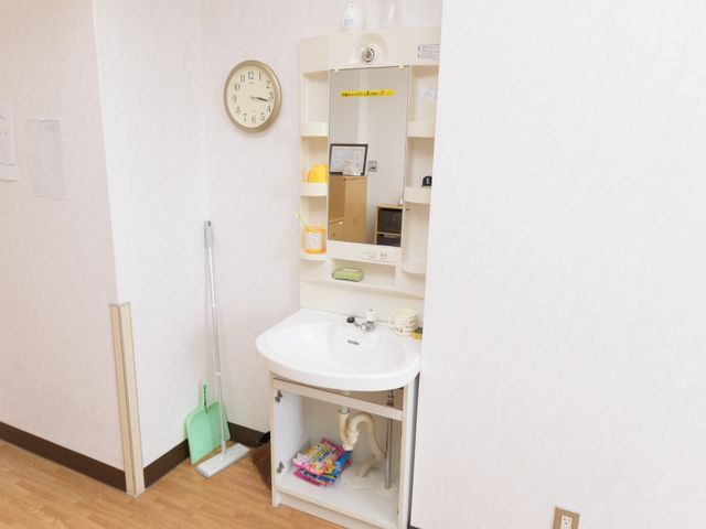 清潔な洗面所 洗面台 整理整頓された洗面スペースでは、忙しい朝の準備もスムーズに行えます。利用者の安全と利便性に配慮した設計がなされています。