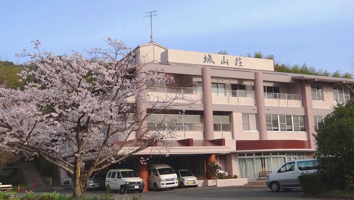 桜の木と建物の外観