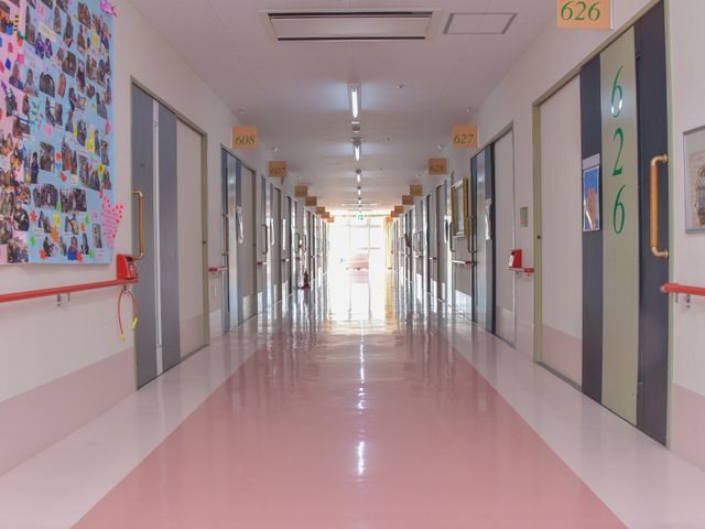廊下の壁に掲示物 廊下 ゆったりとした清潔な廊下は、壁に色とりどりの掲示物が飾られ、日々の活動の様子が伺えます。安全を考慮した手すりも完備しております。