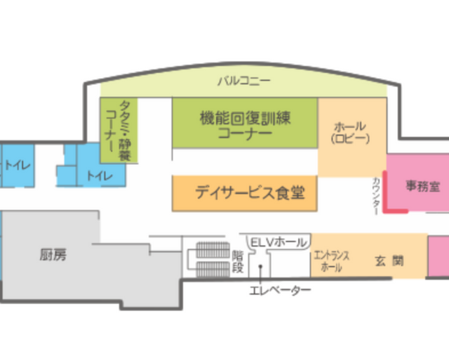 フロア図の案内 内観 機能訓練やデイサービス食堂など、多様な施設と共に安心して働ける環境が整っています。