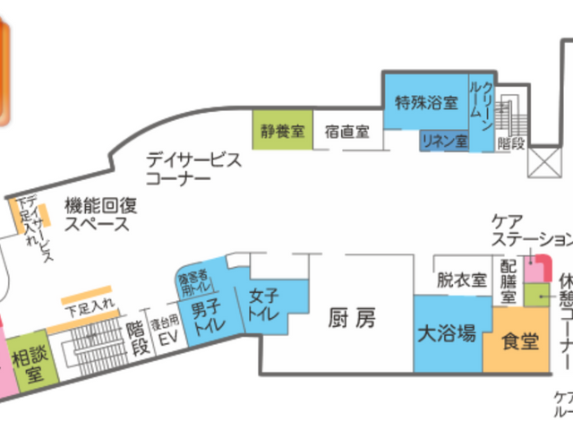 多機能フロア図 食堂 多様な設備が整ったフロアの設計です。部門ごとに分かれており、働きやすい環境を提供しています。