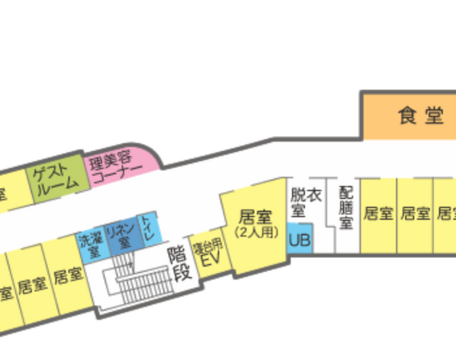 5階のフロアマップ フロント 5階フロアの詳細な間取りが示されています。居室や食堂の配置を確認できます。