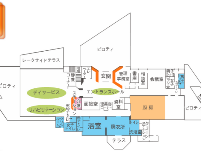 施設の1階見取り図 内観   このフロアマップでは、浴室やリハビリテーション室などの位置が確認できます。施設全体の配置を理解しやすいです。