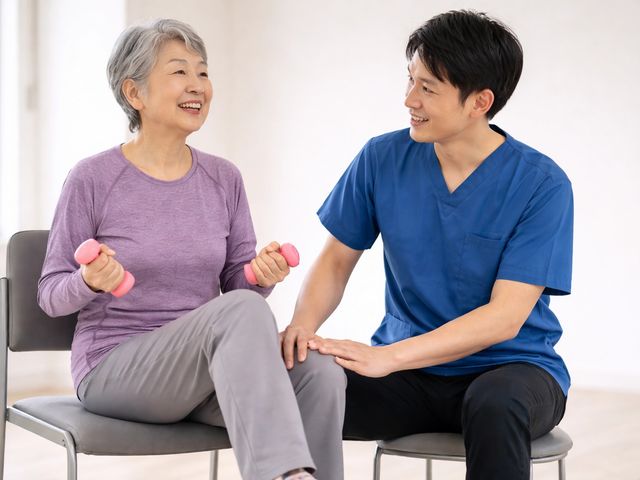 ストレッチをする様子 スタッフイメージ 優しいスタッフが、親しみやすい雰囲気の中でサポートしています。快適な環境でのサポートが魅力です。