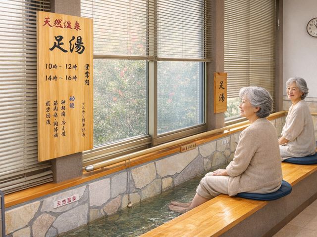 シニア女性たちの足湯 機能訓練室 自然光が差し込む明るい足湯スペースです。利用者がリラックスして過ごせます。