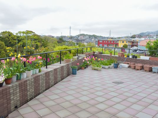 花が咲く広々としたテラス