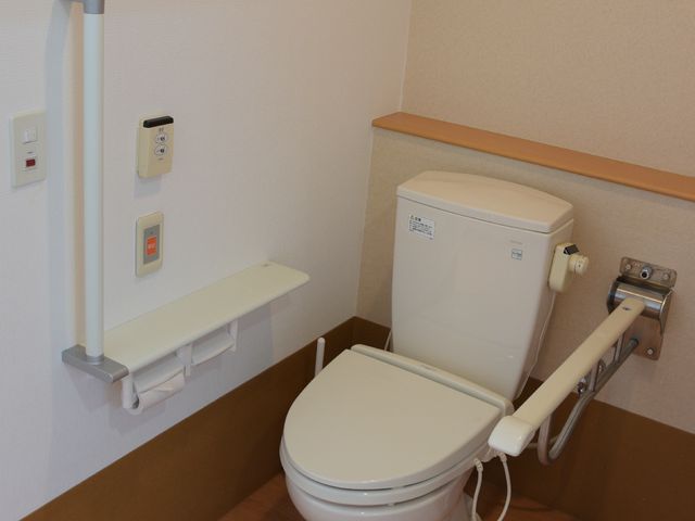 バリアフリー設計のトイレ トイレ 手すり付きで使いやすい清潔なトイレです。安心して利用できる環境を整えています。