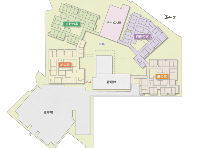 ゆったりとした中庭の配置図 中庭 中庭を囲むように配された建物が、のびのびとした環境を提供しています。周囲は緑豊かで、心地よい休息がとれることでしょう。