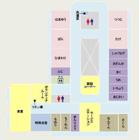 施設内見取り図 内観 施設内の見取り図です。各部屋の位置が明確に示されており、スムーズな動線が確保されています。