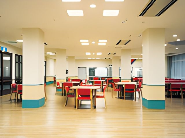 明るい食堂の様子 食堂 自然光が差し込む開放的な食堂です。広々とした空間で、リラックスして食事が楽しめます。