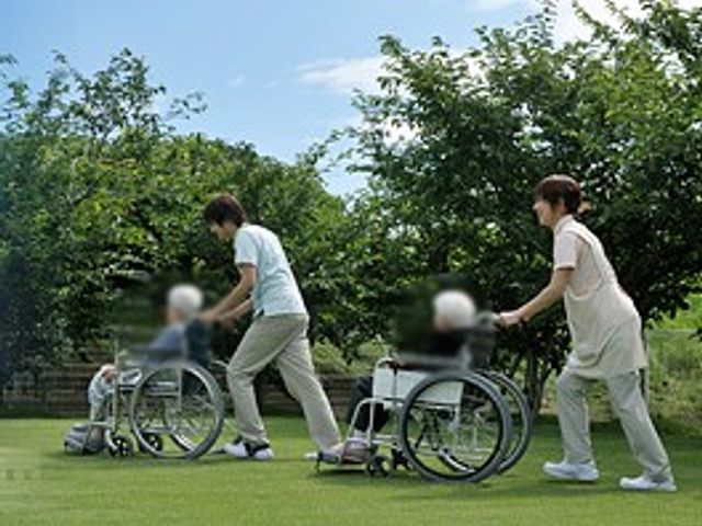 緑の芝生を歩く庭 庭 広々とした芝生で、車椅子を押す方が一緒に過ごせる庭です。自然を感じながらリラックスできます。