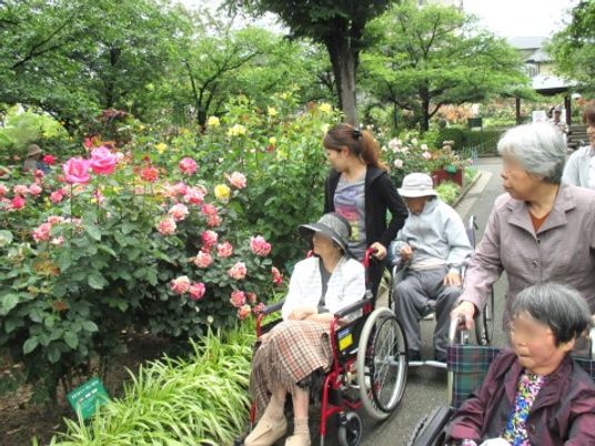 車椅子利用者と花の中庭