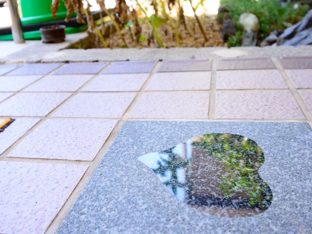中庭のタイルデザイン 中庭の地面には個性的なタイルが敷かれ、足元に彩りを添えております。ゆっくりと自然を感じながら歩ける、心地よい空間です。