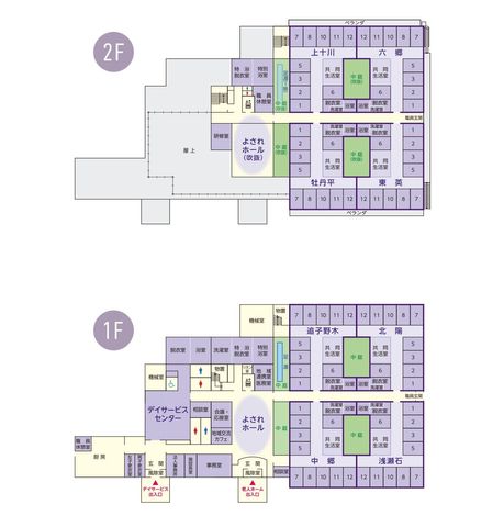 フロアマップ 内観 施設全体の配置が明確に示された間取り図です。各部屋へのアクセスが分かりやすくなっています。
