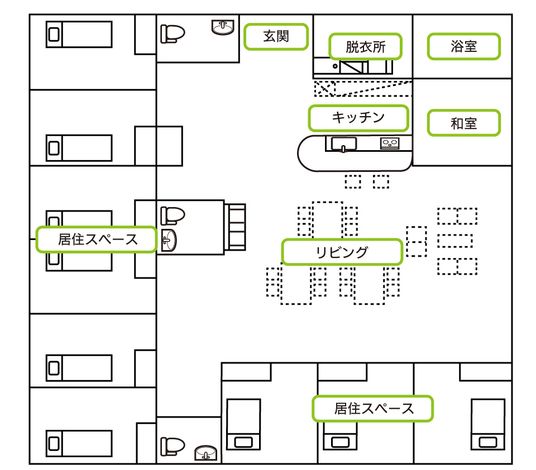 明るい共有スペースの図