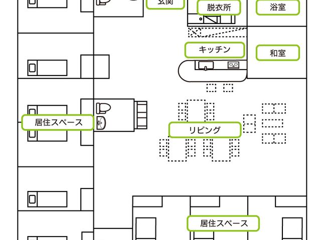 明るい共有スペースの図 リビング 緑豊かなリビングは、大きな窓から自然光が差し込み、居心地よく過ごせます。