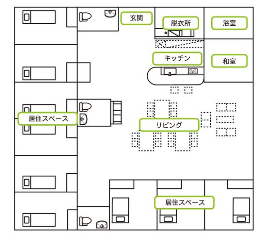 明るい共有スペースの図