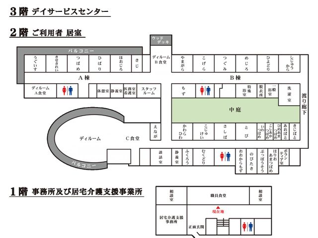 案内図とフロア構成 フロント 各階の施設利用が一目で把握できます。便利な構造で、さまざまな業務にスムーズに対応できます。