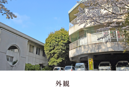 桜に囲まれた外観  
