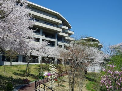 桜が咲く施設の外観