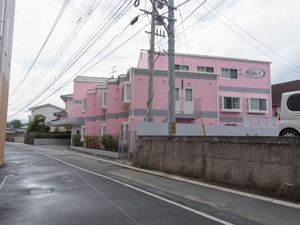 ピンクの外壁が印象的な建物