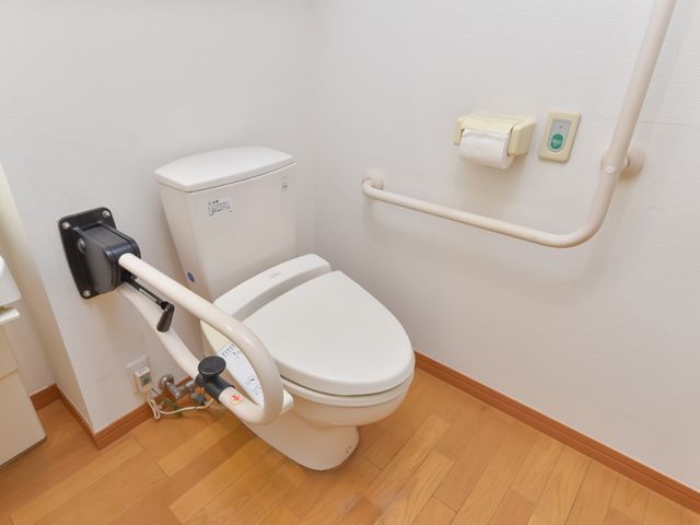 バリアフリーのトイレ トイレ 手すり付きの安全なトイレです。この設備は、安心してお使いいただける環境が整っています。