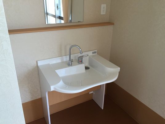 手洗い場と鏡のある洗面台  