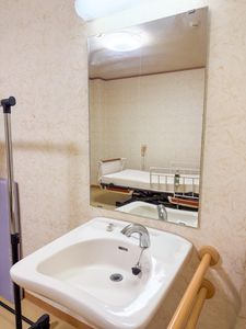 手すり付き洗面台と鏡の浴室  