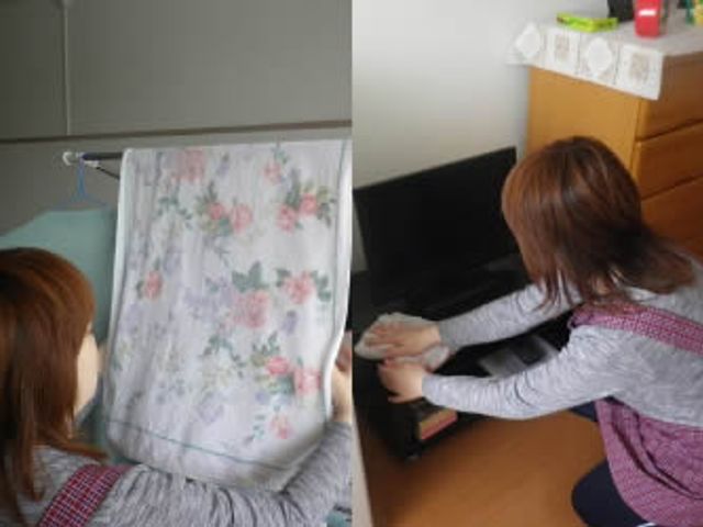 掃除するスタッフの姿 スタッフイメージ 温かみのある空間で、丁寧にケアを行っている様子が伝わります。快適な環境づくりを心掛けています。