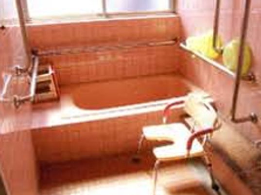 随所に手すり、床には使いやすいシャワーチェアが設置されている。湯船の端には平らなスペースがあり、座位の方向転換でお湯に浸かることができる。