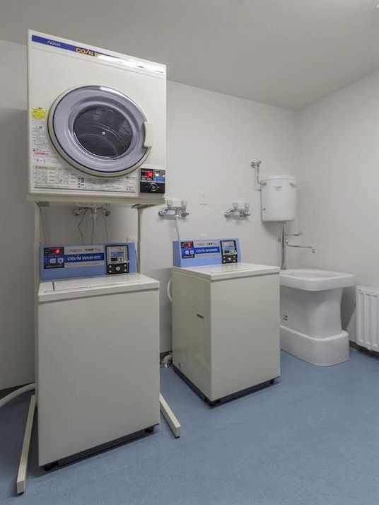 縦型の洗濯機が2台、その内の1台には乾燥機が上部に設置され、奥には手洗い洗う場所がある。