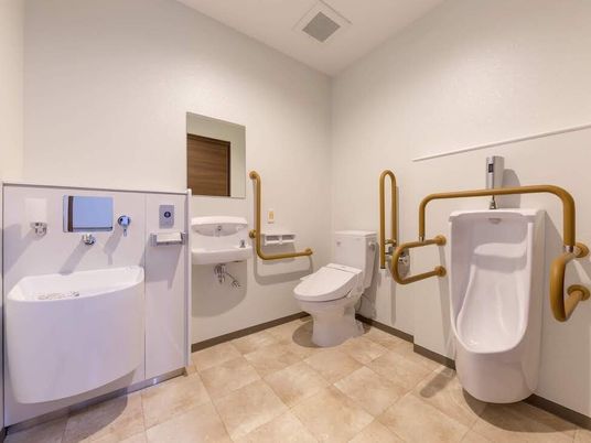 男性用の小便器と洋式トイレが設置された広いスペース。それぞれに手すりが付き、オストメイト対応となっている。