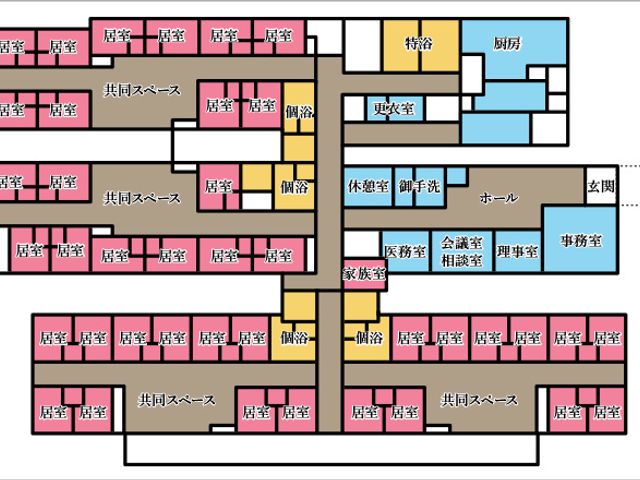 レイアウト図の廊下 廊下   中央のホールを中心に、各居室へつながる広々とした廊下です。効率的な動線が魅力です。