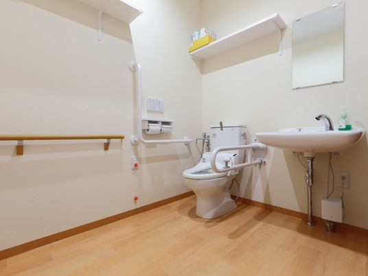 手すりが両サイドについている様式のトイレと、手洗い場があり、床は全面バリアフリーのフローリングである。緊急用ブザーが壁に設置。