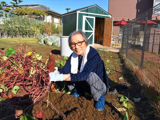 笑顔の高齢者と野菜畑
