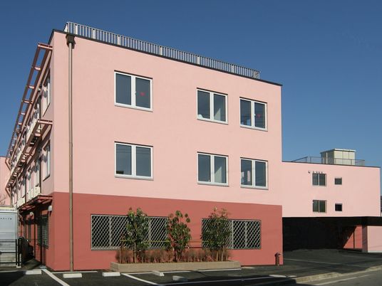 ピンク外壁の建物外観  