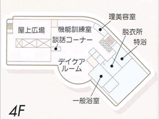 4階見取り図の説明 機能訓練室 理美容室や一般浴室が同一フロアにあり、便利な動線が確保されております。