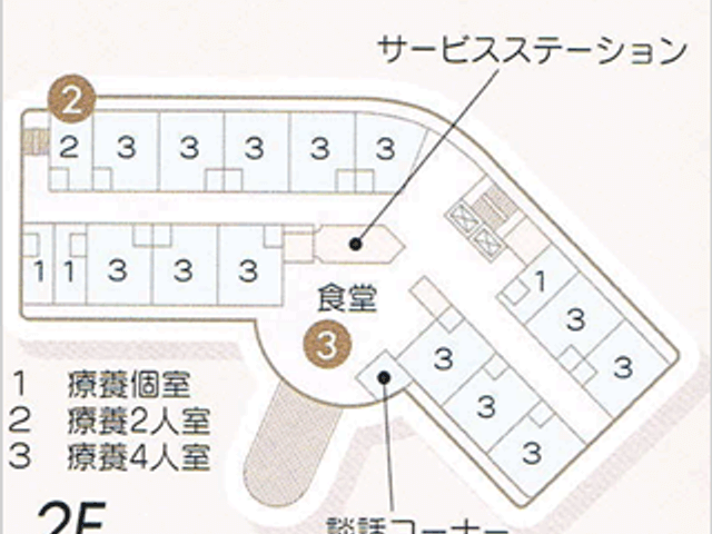 2階平面図 内観 サービスステーションがある2階の見取り図です。療養室や食堂の配置が確認できます。